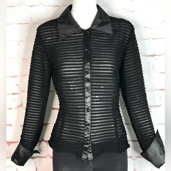 JS COLLECTIONS Evening Black Semi Sheer Satin French Cuff Beaded Blouse Size 10 - Picture 4 of 15